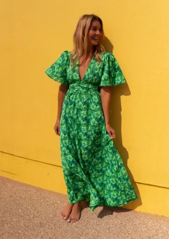 Robes-EASY-CLOTHES Robe Tiphaine verte à motifs | Robe longue dos nu | Prêt-à-porter en ligne | Easy Clothes Verte à motifs