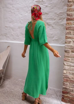 Robes-EASY-CLOTHES Robe Verte Pamela - Gaze De Coton - Col V Profond - FluideEasy Clothes Verte en gaze de coton       