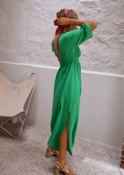 Robes-EASY-CLOTHES Robe Verte Pamela - Gaze De Coton - Col V Profond - FluideEasy Clothes Verte en gaze de coton       