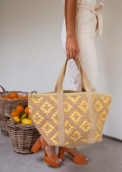 Sacs & Pochettes-EASY-CLOTHES Sac Lovell beige et jaune | Sac tressé coloré | Prêt-à-porter en ligne | Easy Clothes Beige et jaune       