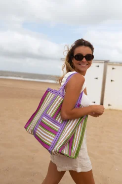 Sacs & Pochettes-EASY-CLOTHES Sac Sevana à lignes vert | Sac de plage ligné | Prêt-à-porter en ligne | Easy Clothes Vert       