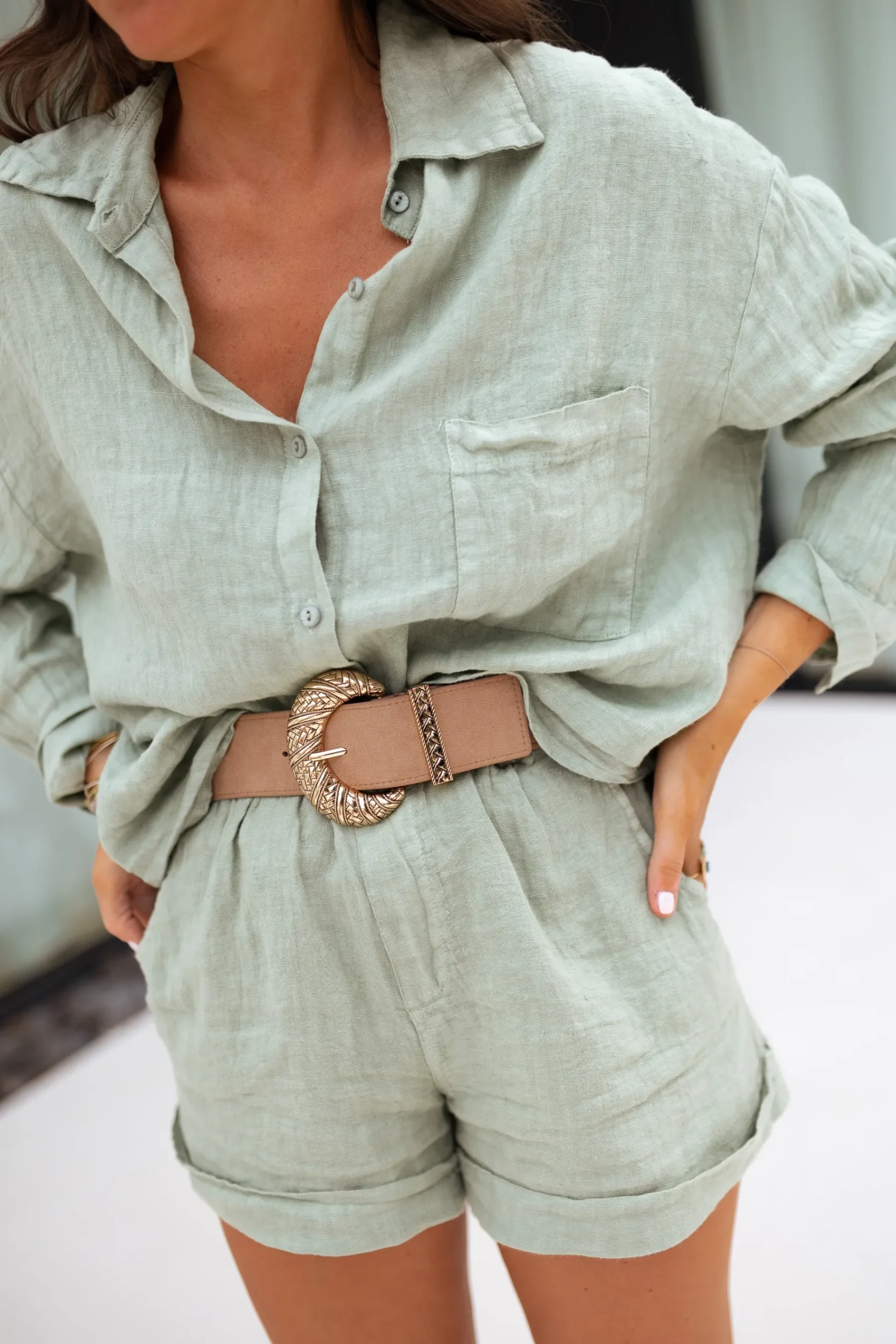 Jupes & Shorts-EASY-CLOTHES Short Irini - vert en linEasy Clothes Vert en lin