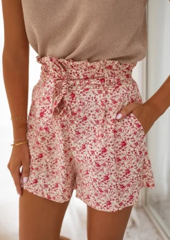 Jupes & Shorts-EASY-CLOTHES Short Kim - Écru - Motifs Beiges & Rouges - Ample & ConfortableEasy Clothes Écru à fleurs       