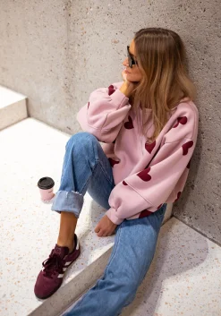Pulls & Gilets-EASY-CLOTHES Sweat Fiona - Rose à coeursEasy Clothes Rose à coeurs       