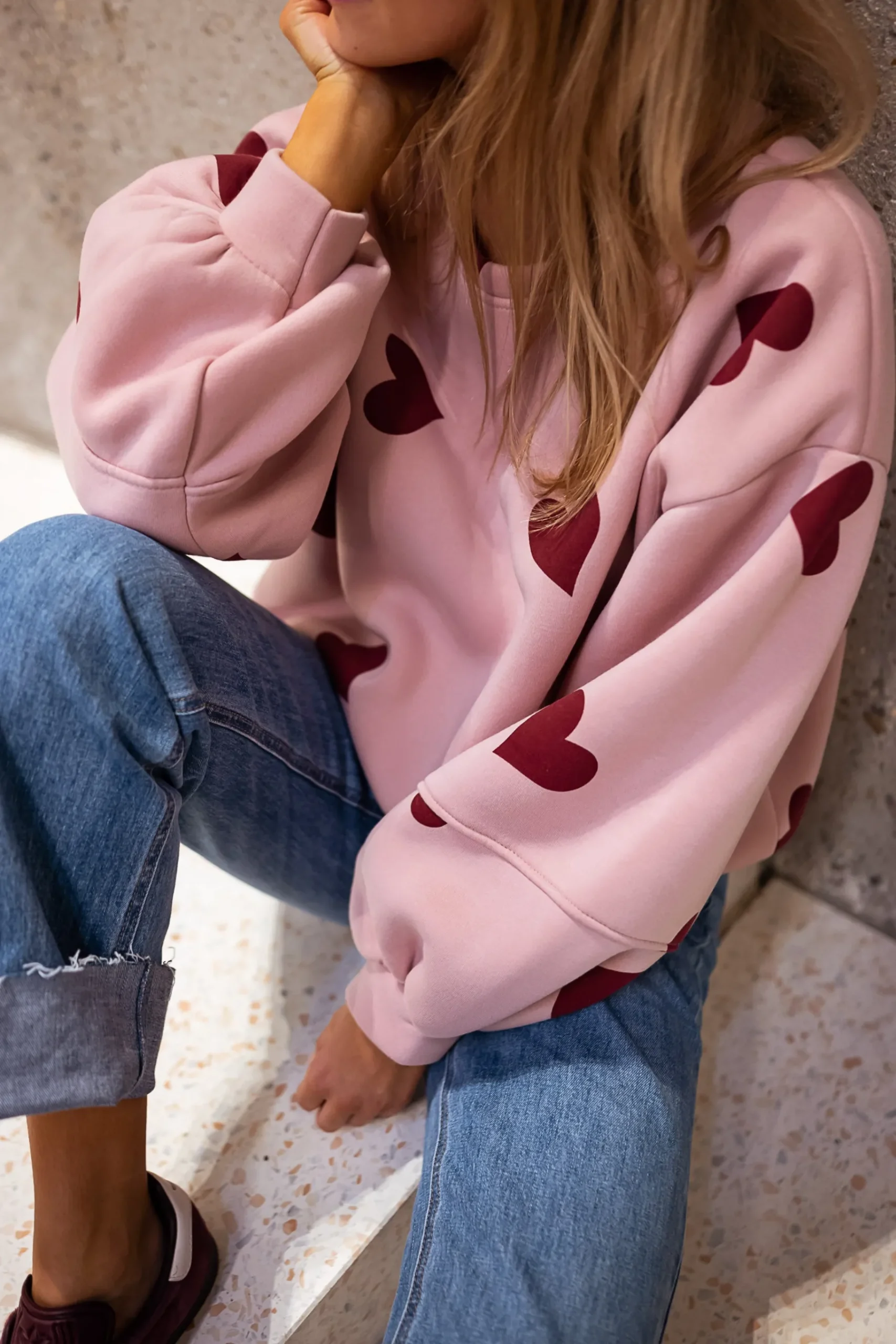 Pulls & Gilets-EASY-CLOTHES Sweat Fiona - Rose à coeursEasy Clothes Rose à coeurs