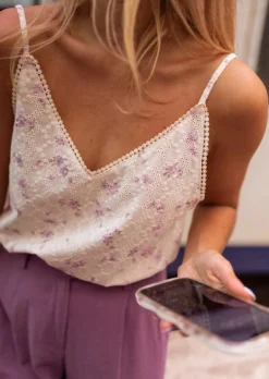 Tops & T-shirts-EASY-CLOTHES Top Auda écru à fleurs mauves | Top fleuri léger | Prêt-à-porter en ligne | Easy Clothes Écru à fleurs mauves       