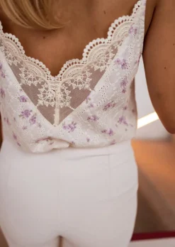 Tops & T-shirts-EASY-CLOTHES Top Auda écru à fleurs mauves | Top fleuri léger | Prêt-à-porter en ligne | Easy Clothes Écru à fleurs mauves       