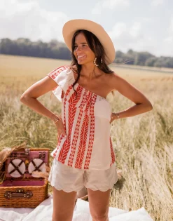 Tops & T-shirts-EASY-CLOTHES Top Brigie - à motifs rouge et beigeEasy Clothes À motifs rouge et beige       