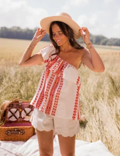 Tops & T-shirts-EASY-CLOTHES Top Brigie - à motifs rouge et beigeEasy Clothes À motifs rouge et beige       
