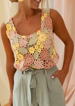 Tops & T-shirts-EASY-CLOTHES Top En Crochet Floryne - Rose, Jaune & Kaki - Vêtements Femme ÉtéEasy Clothes En crochet       