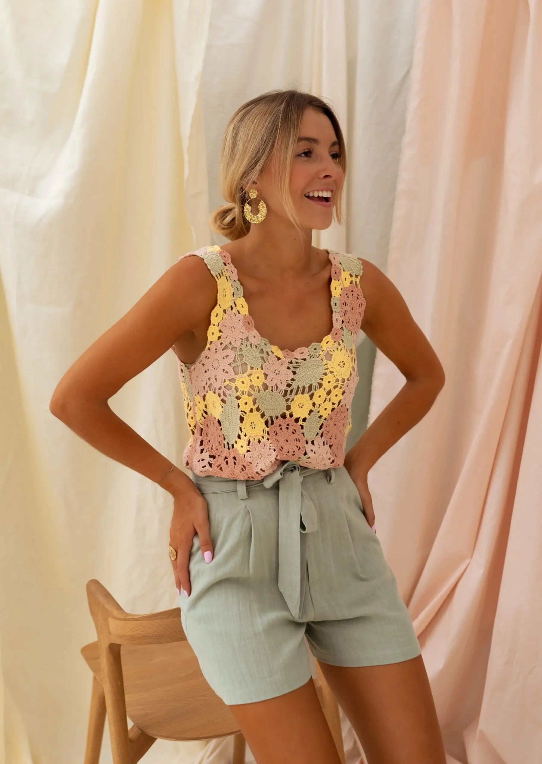 Tops & T-shirts-EASY-CLOTHES Top En Crochet Floryne - Rose, Jaune & Kaki - Vêtements Femme ÉtéEasy Clothes En crochet
