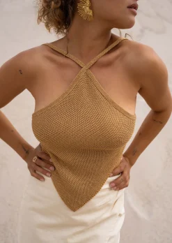 Tops & T-shirts-EASY-CLOTHES Top Fia Doré - Effet Laine - Croisé - Vêtements TendancesEasy Clothes Doré       