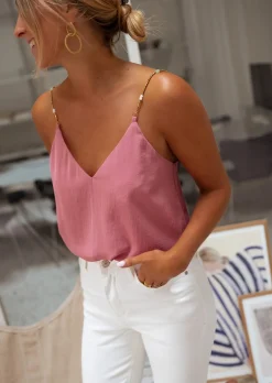 Tops & T-shirts-EASY-CLOTHES Top Lacty - Vieux Rose - Bretelles à Perles - Vêtements FemmeEasy Clothes Vieux rose