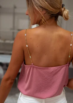 Tops & T-shirts-EASY-CLOTHES Top Lacty - Vieux Rose - Bretelles à Perles - Vêtements FemmeEasy Clothes Vieux rose       