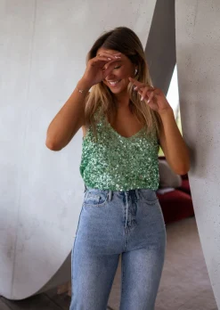 Tops & T-shirts-EASY-CLOTHES Top Malo à paillettes vert d’eau | Top vert à sequins | Prêt-à-porter en ligne | Easy Clothes Vert d’eau