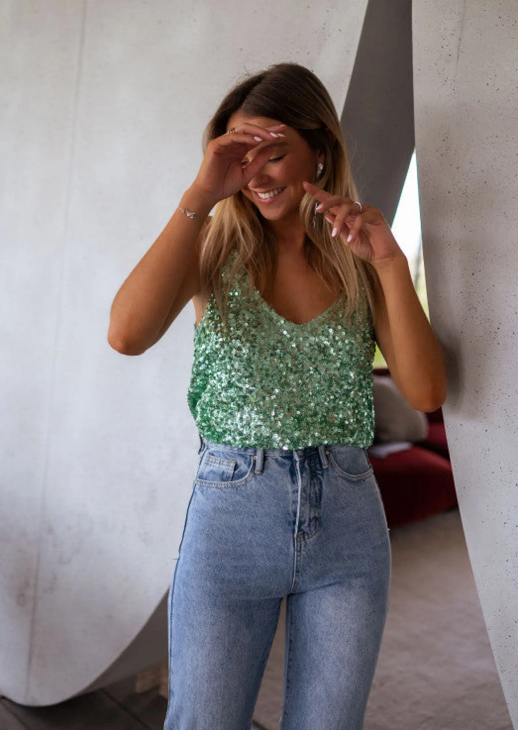 Tops & T-shirts-EASY-CLOTHES Top Malo à paillettes vert d’eau | Top vert à sequins | Prêt-à-porter en ligne | Easy Clothes Vert d’eau