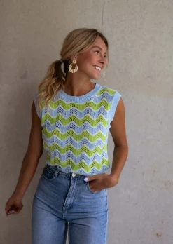 Tops & T-shirts-EASY-CLOTHES Top Stany en crochet vert et bleu | Top coloré en crochet | Prêt-à-porter en ligne | Easy Clothes Vert et bleu       