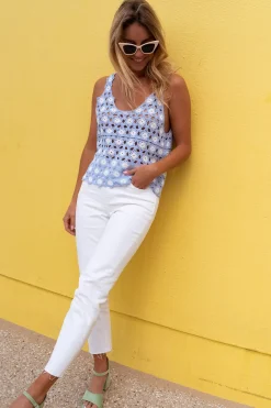 Tops & T-shirts-EASY-CLOTHES Top Tilio bleu ciel à motifs | Top en crochet transparent | Prêt-à-porter en ligne | Easy Clothes Bleu ciel à motifs       