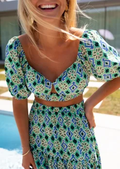 Tops & T-shirts-EASY-CLOTHES Top Vanessa vert à motifs | Top dos ouvert | Prêt-à-porter en ligne | Easy Clothes Vert à motifs       